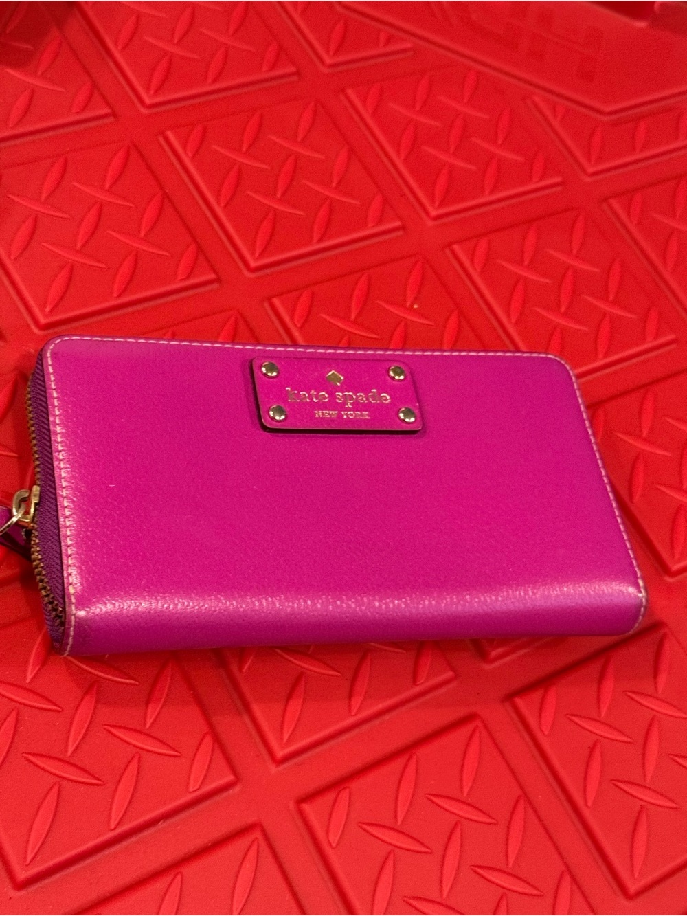 kate spade Hot Pink Leather Zip-Around Wallet with Gold Plaque